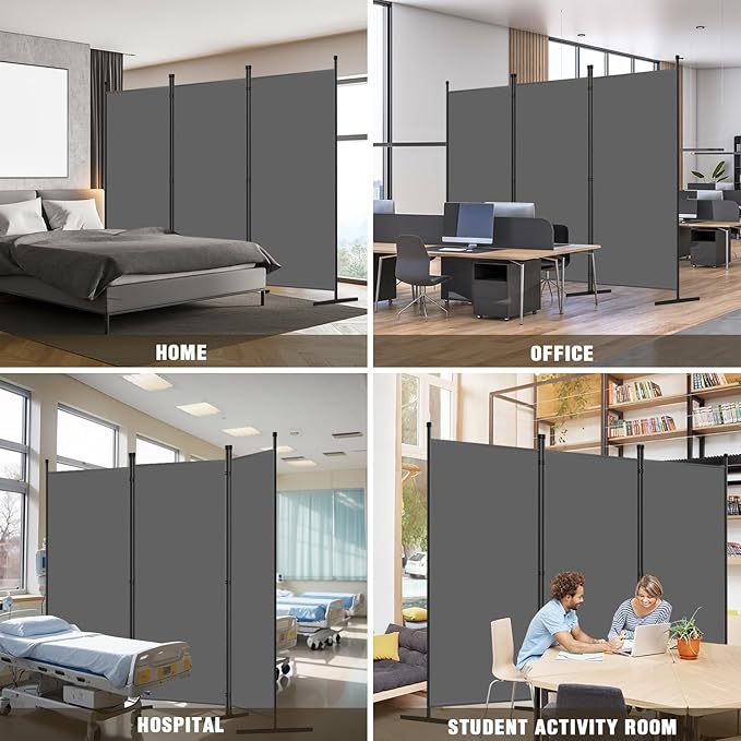 AKTOP 3-Panel Room Divider, Freestanding Wall Divider for Room Separation, Folding Privacy Partition Screen 70''W x 102''H, Portable Room Divider Panel Privacy Screen for Dorm Studio Office, Grey