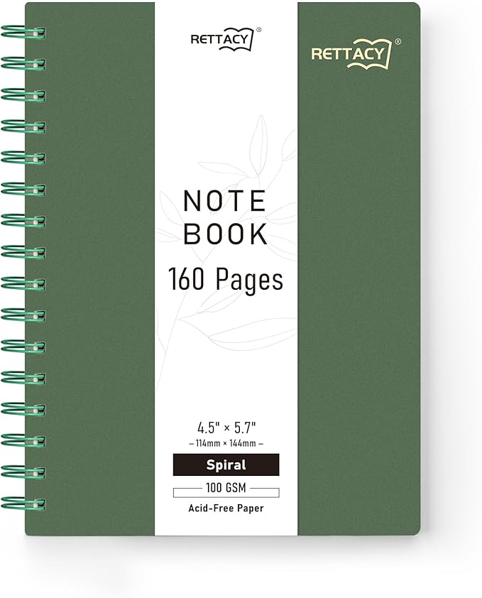 RETTACY Pocket Journal Notebook, 160 Lined Pages, A6 Mini Small Size (4.5" × 5.7"), for Work, Journaling, Writing, 100 GSM Thick Paper, Spiral-bound, Flexible Plastic Cover (Dark Green)