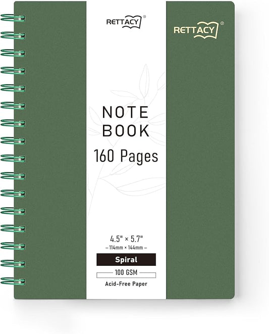 RETTACY Pocket Journal Notebook, 160 Lined Pages, A6 Mini Small Size (4.5" × 5.7"), for Work, Journaling, Writing, 100 GSM Thick Paper, Spiral-bound, Flexible Plastic Cover (Dark Green)