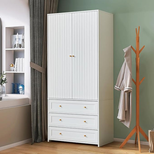 71" Wardrobe Closet Armoire, Wardrobe Armoire Wooden with 2 Doors, 3 Drawers Household Freestanding Wooden Closet Storage Cabinet for Bedroom (White)