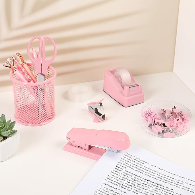 SKYDUE Pink Office Desk Accessories, Pink Office Supplies, Stapler, Tape Dispenser, Scissors, Clips and 1000pcs Staples,Office Supplies for Desk for Women