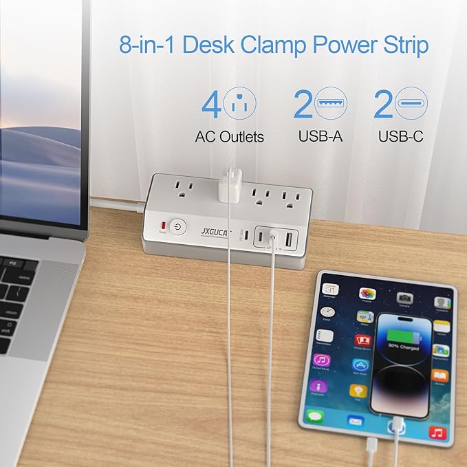 Desk Clamp Power Strip with USB C, JXGUCAT PD 20W Fast Charging Power Station, Removable Desk Clamp Mount Power Strip Surge Protector, 10 ft Cord with 4 Outlet 4 USB Ports, Fit 1.8" Tabletop Edge