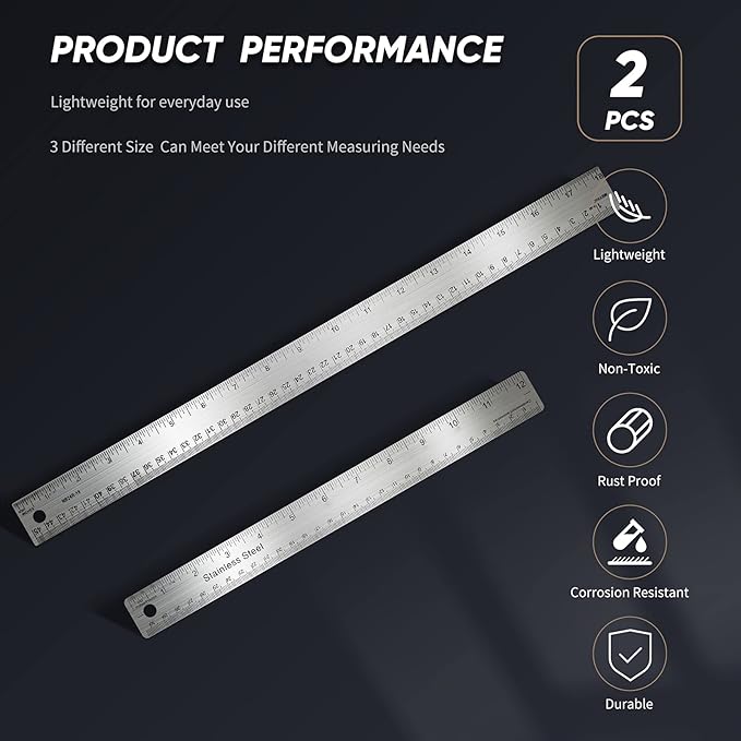 Frienda 2 Pcs Metal Ruler Cork Backed 12 Inch and 18 Inch Stainless Steel Rulers with Cork Backing Non Slip Straight Measure Edge for Student Graduation School Supply