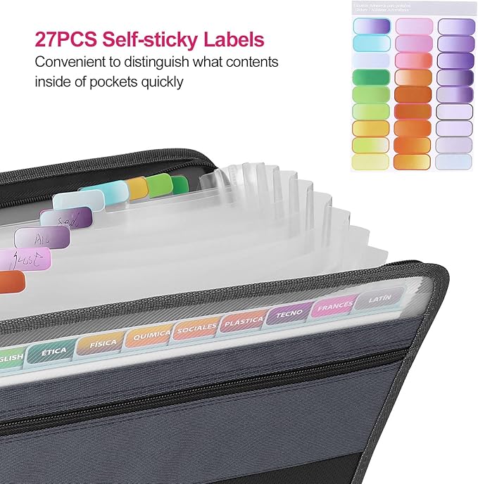 MEGREZ Expanding File Folder with 13 Pockets, 2 Pack A4 Paper File Folder with Zipper Color Labels, Waterproof Accordion File Folder Organizer for Home Office, Blue & Black
