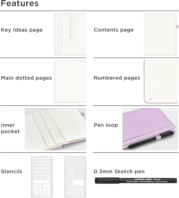 &And Per Se Bullet Dotted Journal Notebook, A5 Leather Hardcover, 176 Numbered Pages 100GSM Thick Dotted Paper, 2 Sheets of Stencils Included - 5.7'' x 8'' (Lavender)