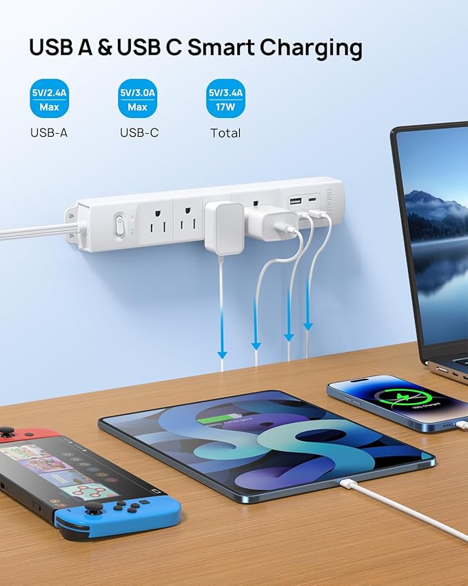 TROND 15ft Long Extension Cord with 2 USB C, ETL Listed, Ultra-Thin Flat Plug Power Strip, Slim Surge Protector, 4 Outlets 4 USB Ports, Wall Mount, Office Accessories Dorm Room Essentials, White