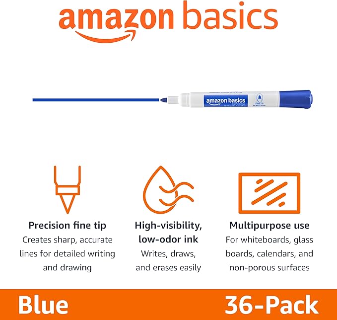 Amazon Basics Low-Odor Dry Erase Whiteboard Markers, Fine Tip, Blue, 36 Count