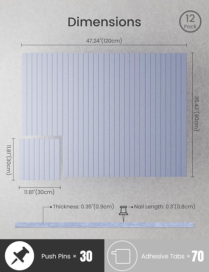 Bumusty Large Cork Board Alternative-47 x35 Felt Bulletin Board Tiles, with 30 Pushpins, 70 Adhesive Tabs, 12-Pack Slat Wall Paneling, Cork Boards for Office Push Pin Board Felt Board-Soft Periwinkle