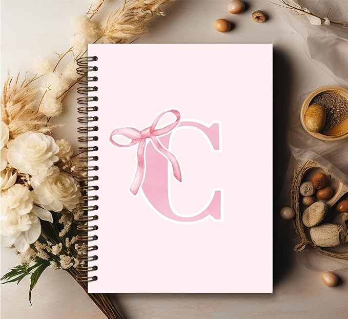 Coquette Trendy Preppy Pink Bow Spiral Notebook,Initial C Journal Personalized Teen Girl Gifts,Monogrammed Gifts for Women Teen Girl,College Ruled Hardcover Spiral Notebook 5.5 x 8.3