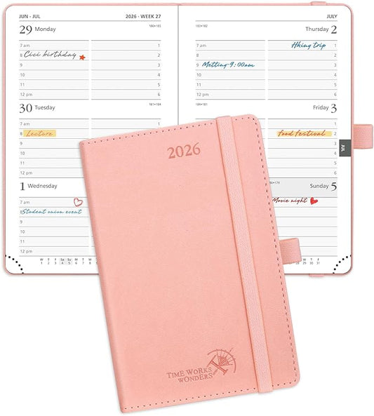 POPRUN Pocket Calendar 2026 (Small Size- 4'' x 6.25") Weekly and Monthly for Purse - Planner 2026 (Jan. 2026 - Dec. 2026) with Vegan Leather Soft Cover, Plastic Ruler, Pen Holder and More - Pink