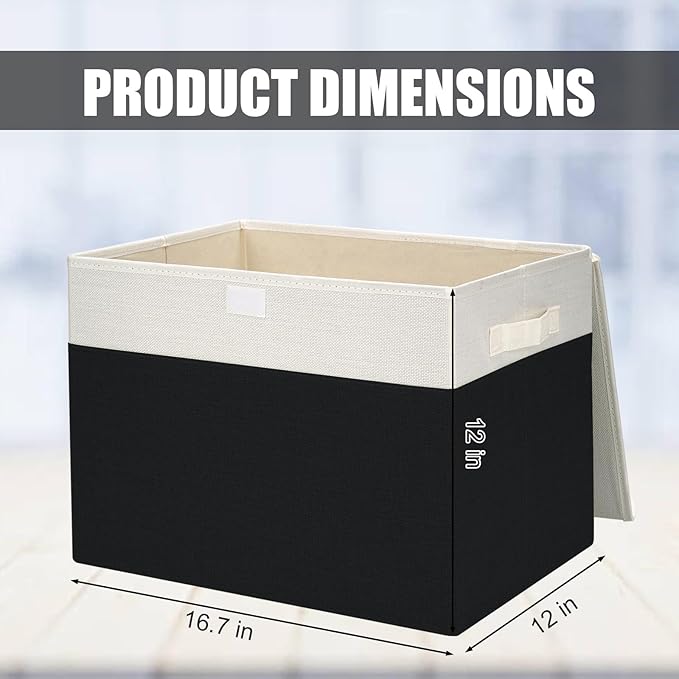 Large 17" 42 Quarts Collapsible Stackable Storage Bins with Lids [3-Pack] Foldable Fabric Linen Storage Boxes Cube, Closet Organizer Baskets with Label for Home (16.7 x 12 x 12", Black & White)