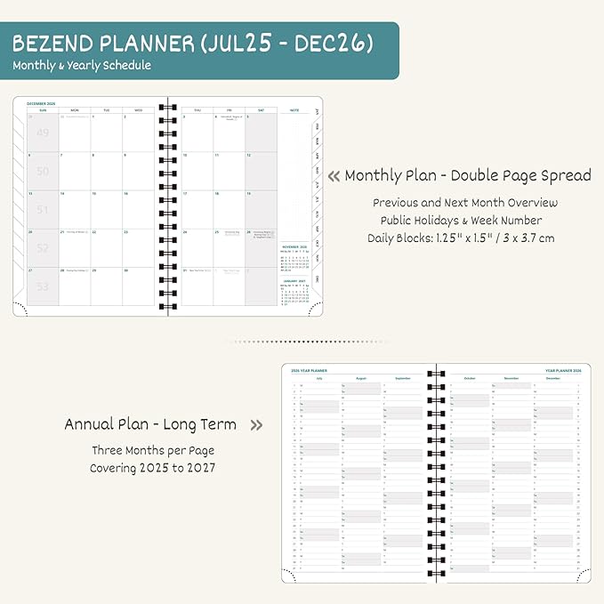 BEZEND Planner 2025-2026 Weekly and Monthly, 5.8" x 8.5" Academic Calendar (Jul 25-Dec 26) Vertical Daily Appointment with Hourly Timeslot & Monthly Tab, Spiral, PU Leather Softcover - Black