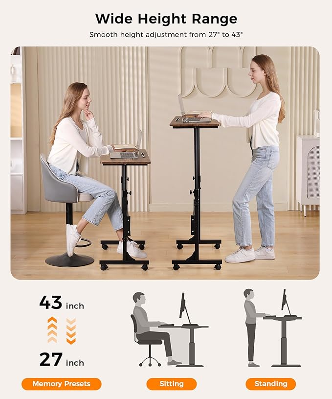 Standing Desk Adjustable Height, Mobile Stand Up Desks with Wheels Small Computer Desks Rolling Desk, Portable Laptop Desks Rustic Standing Table Sit Stand Home Office Desks 16"x31.5" Height 27"-43.5"