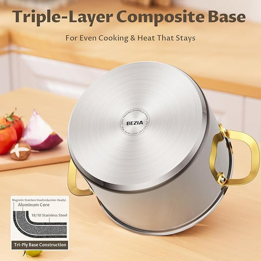 BEZIA 8 Quart Stainless Steel Stockpot with Lid, Induction Compatible Cooking Pots, Triple-Layer Bottom for Even Heat, Pasta & Soup Pot for Cooking, Boiling, Stewing, Dishwasher Safe