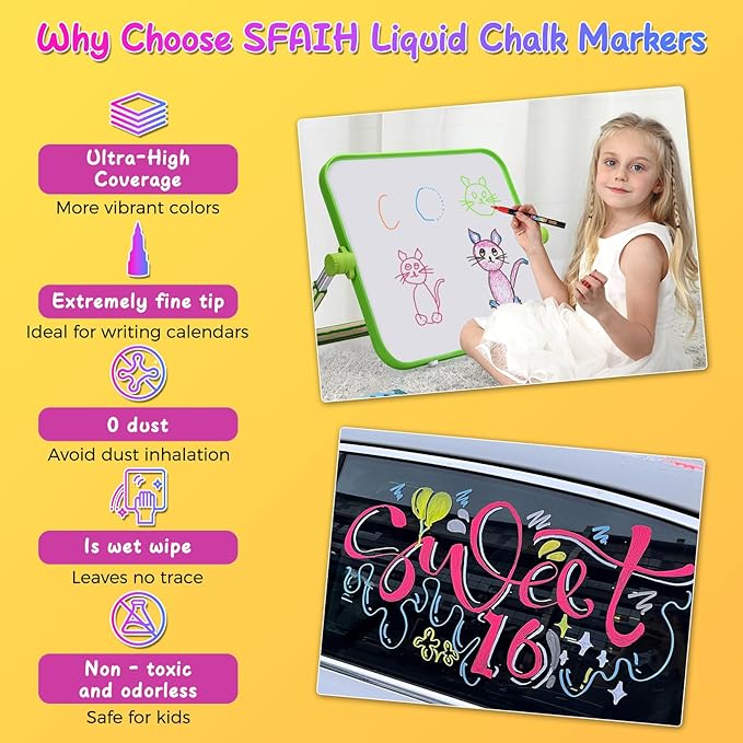 SFAIH Fine Tip Liquid Chalk Markers for Bhalkboard [1-Second Wet Wipe], 0.7-1mm 24 Colors [Neon+Pastel+Metallic], Chalk Pens for Chalkboard, Calendar, Windows, Glass, Includes Highlighter Color Marker