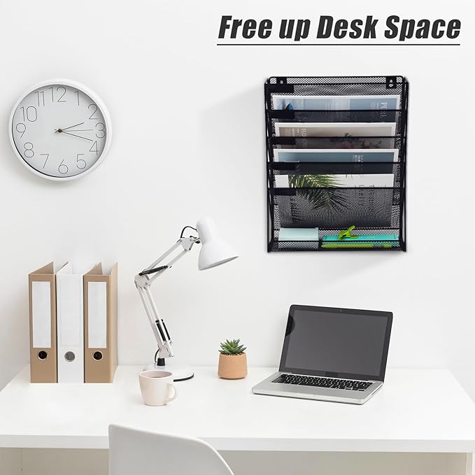EASEPRES 6 Tier Mesh Hanging Wall File Organizer, Desk Mail Paper Document Folder Holder, Clipboard Storage Organization Magazine Rack with Bottom Tray and Nametag Label for Office Home School, Black