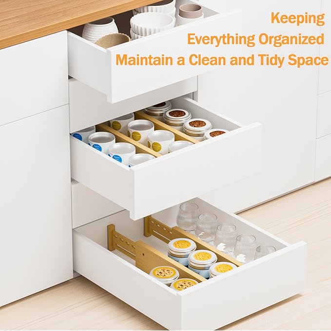 Bamboo Drawer Dividers 4" High, 12.8-18" Adjustable Drawer Organizers for Clothes,Expandable Dresser Separators in Bedroom/Kitchen/Bathroom/Office Organization and Storage,6 Pack