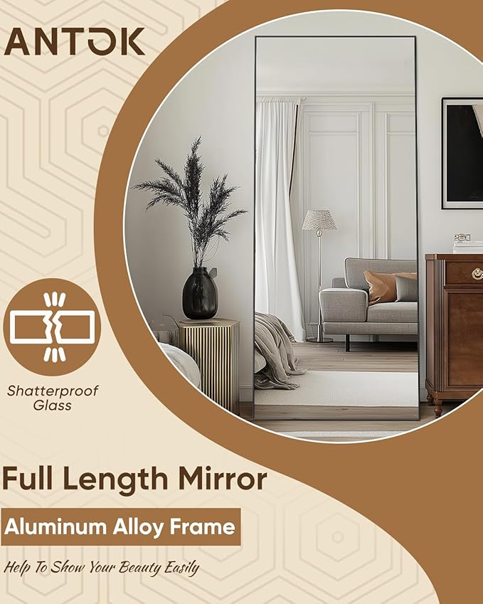 Antok Full Length Mirror, 71"x28" Floor Mirror, Floor Standing Freestanding Full Body Mirror with Stand for Bedroom, Hanging Mounted for Living Room Cloakroom, Black