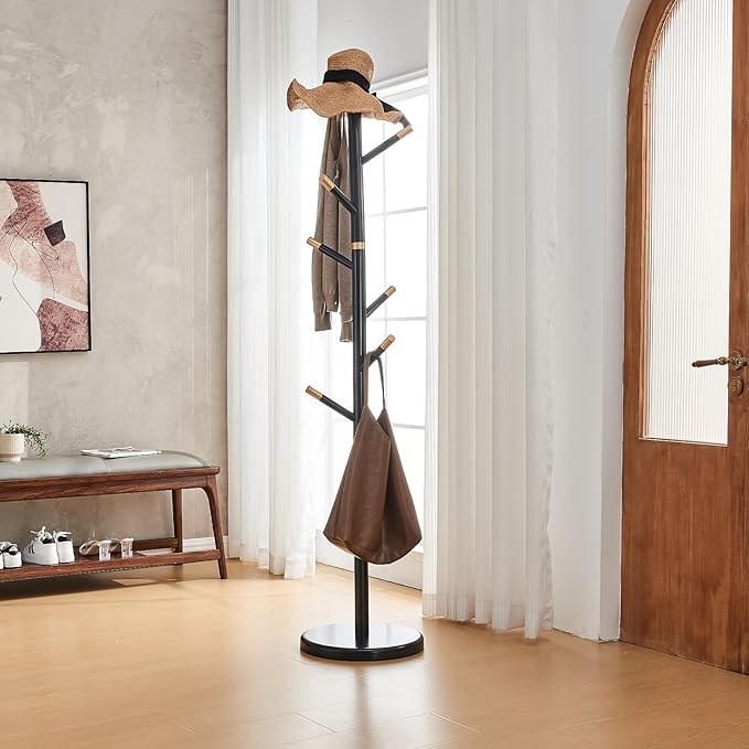 Uniclinens Coat Rack Freestanding Solid Wood Coat Tree Standing with 7 Hooks, Coat Rack Stand Creative Tree Branch-look (Black)