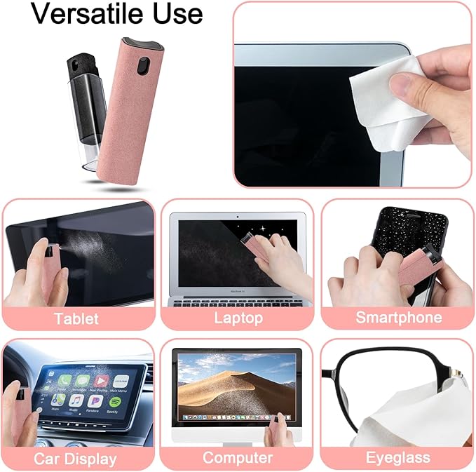 2Pcs Screen Cleaner Spray and Wipe for Laptop Monitor and Car Screens, Phone Touchscreen Mist Cleaning Kit for Cellphone, Tablet, PC, Computer, LCD, Eyeglass, iPhone, iPad, Mac Pro - Black and Pink