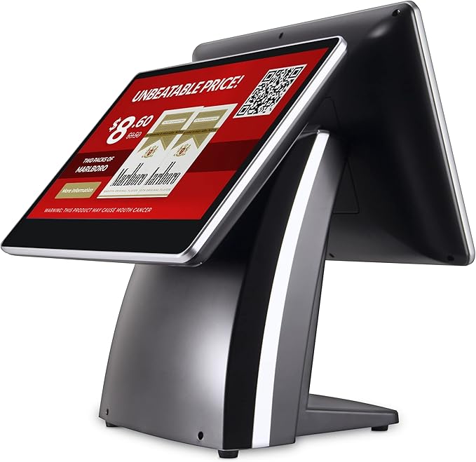 All-in-One SmartPOS-129 Professional Cash Register for Small Business, POS Bundle Includes: Cashier Touch Screen Monitor, Customer-Facing Display, Cash Drawer, Scanner, Printer