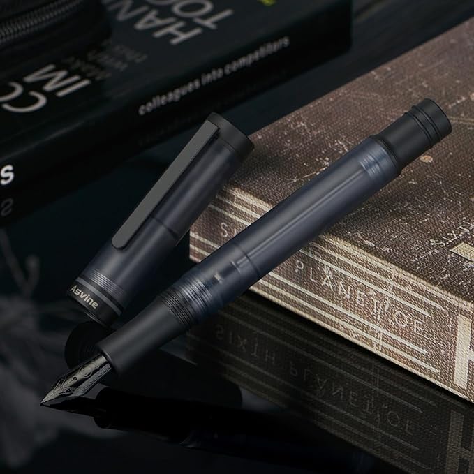 Asvine V200 Titanium Fountain Pen Vacuum Filling, Matte Black Fine Point Transparent Acrylic Smooth Writing Pen Case Set