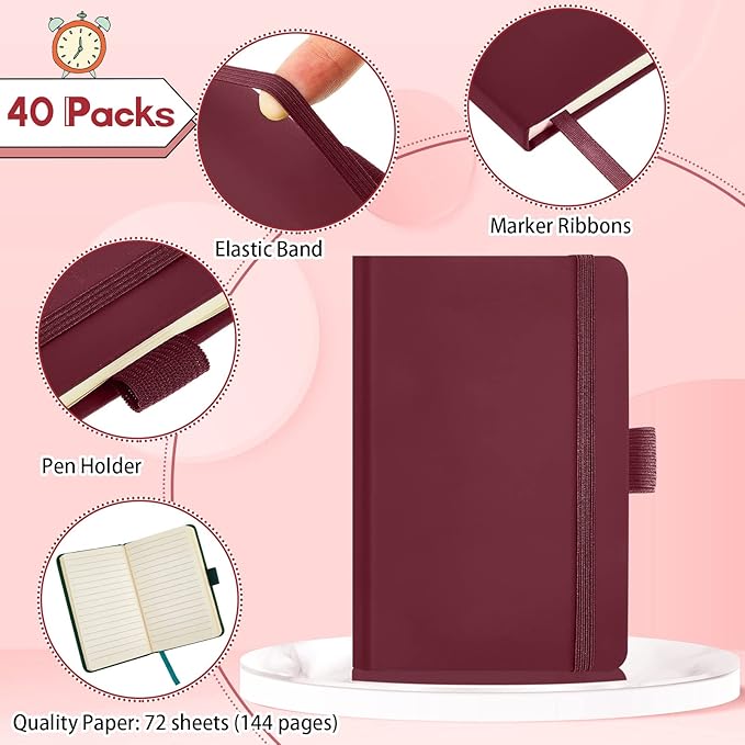 40 Pieces Small Notebooks A6 Pocket Journals 3.5 x 5.5 Inch Small Leather Notebook Mini Ruled Lined Journal with Elastic Band Pen Holder Page Marker Ribbons (Wine Red)