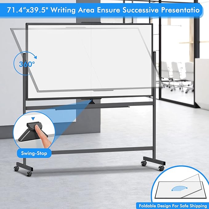 maxtek 72 x 40 Double Sided Rolling Whiteboard, Mobile Whiteboard Magnetic White Board - Large Reversible Dry Erase Board Easel Standing Board on Wheels with Stand (72 x 40 Black)