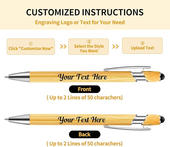 Personalized Pen Customizable Bamboo Pen with Stylus -Customizable Text Logo Name Ballpoint Pens with Black Ink-Personalized Gift Ideas for School Back Day Office Business Home(40 Count/Pack)