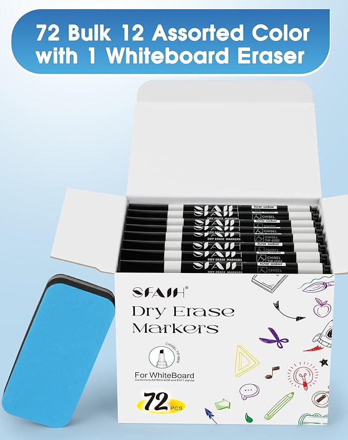 SFAIH Dry Erase Markers Chisel Tip with Magnetic Whiteboard Eraser, 72 Bulk Pack Black White Board Markers for Teachers & Students, Versatile Lines, 1s Quickly Dry, Perfect for Classroom and Office