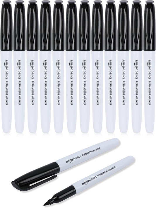 Amazon Basics Fine Tip Point Permanent Markers for Office, School, and Home Use, Black, 12 Pack