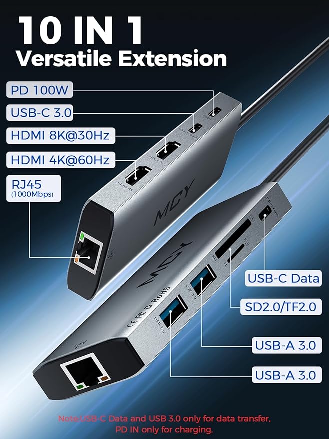 MCY USB C Hub,Laptop Docking Station Dual Monitor Single 8K,2x4K@60Hz,10 in 1 Type-C Multiport Adapter with 2 HDMI,PD100W,Extender Splitter,Card Reader,Ethernet Dock for Mac/Dell/HP/Surface/Steam Deck