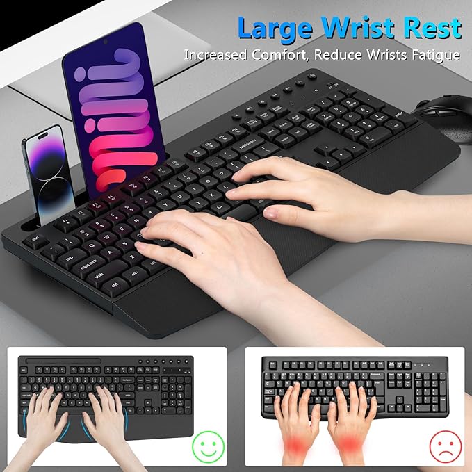 Wireless Keyboard and Mouse Combo, Full-Sized Ergonomic Keyboard with Wrist Rest, Phone Holder, Sleep Mode, Silent 2.4GHz Cordless Keyboard Mouse Combo for Computer, Laptop, PC, Mac, Windows