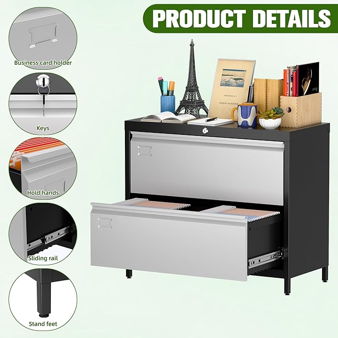 Metal 2 Drawer Lateral File Cabinet with Lock & Adjustable Feet - Wide Filing Cabinet for Letter/Legal/F4/A4 Hanging Files - Includes Business Card Holder,Home Office School Storage,Black/Grey