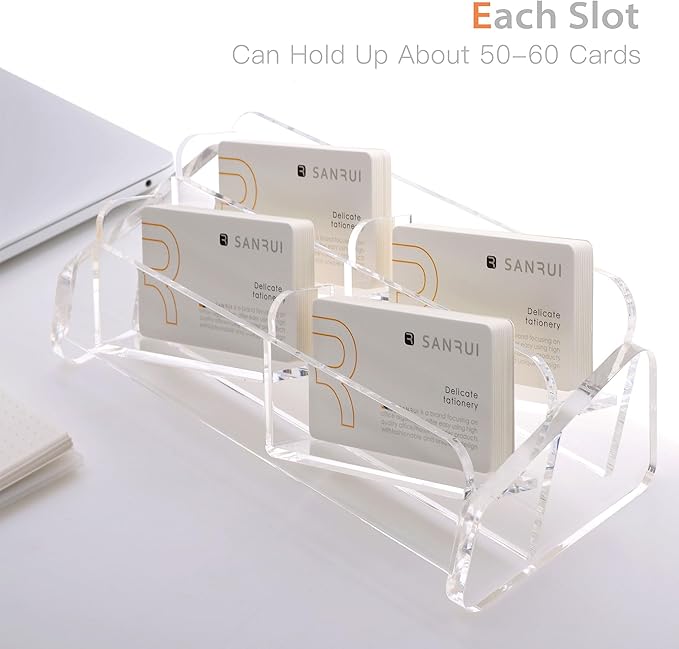 SANRUI Business Card Holder for Desk, Slant Clear Acrylic Desktop Cards Organizer, 2 Tier 4 Slots, Holds 240 Cards