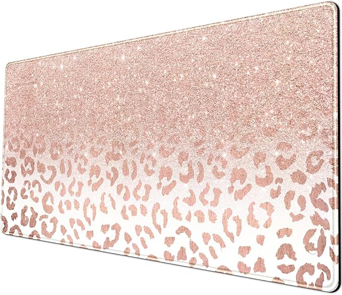 Desk Mat XXL Mouse pad, Pink Rose Gold Leopard Print Office Supplies and Accessories Decor for Women 31.5X15.75in,Stitched Edges Smooth Non-Slip Bottom, Large pad