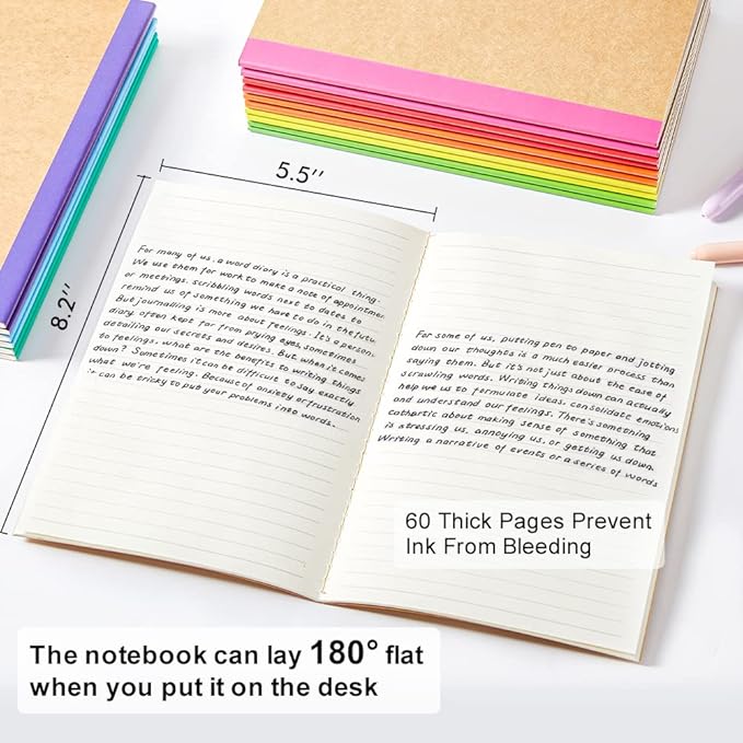 feela 96 Pack Composition Notebooks Bulk, Kraft Cover Lined Blank College Ruled Composition Travel Journals with Rainbow Spines For Women Students Business, 60 Pages, 8.3”x 5.5”, A5, 8 Colors