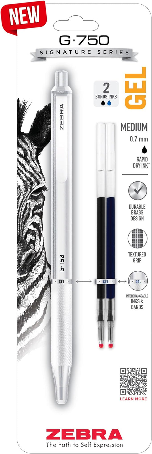 Zebra Pen G-750 Retractable Gel Pen, Pearl White Brass Barrel, Textured Grip, 0.7mm, 1-Pack with Refills (49801)