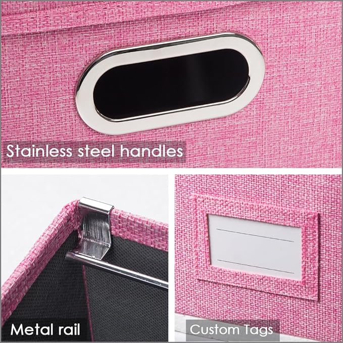 PRANDOM File Organizer Box - Set of 2 Collapsible Decorative Linen Filing Storage Hanging File Folders with Lids Office Cabinet Letter/Legal Size Pink (17x14x11.2 inch)