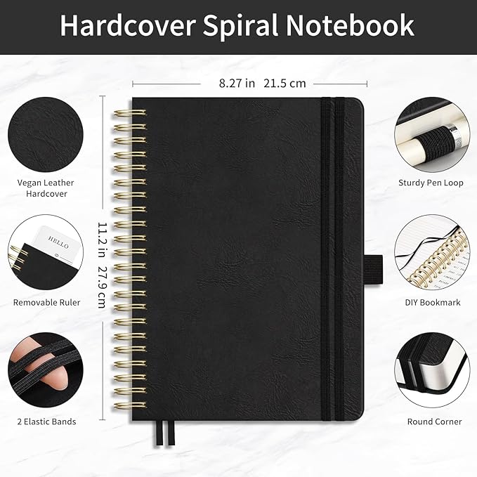 EMSHOI Spiral Notebook College Ruled, 300 Numbered Pages, A4 Large Hardcover Leather, 100 GSM Thick Lined Journal for Women Men Work Writing Journaling Note Taking, 8.27" x 11.2", Black