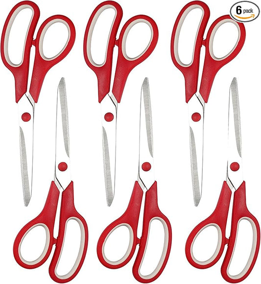 Red Scissors Bulk, Rkqoa 8" All Purpose Scissors Pack of 6- High Performance and Designed for Comfort and Cutting - Sharp to Cut but Soft to Hold. Perfect for Art, Crafts and the Office