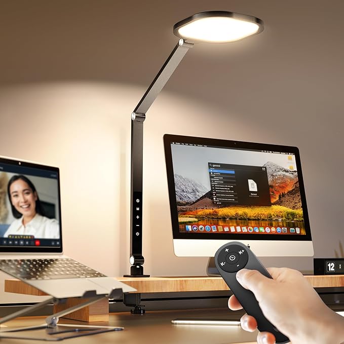 Led Desk Lamps for Home Office, Eye-Care Architect Light with Clamp, Dimmable Zoom Lighting with 3 Color Modes & 10 Brightness, Smart Computer Ring Light for Video Calls, Conference, Reading