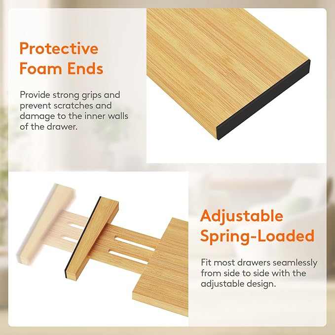 Lifewit 4 Pack Drawer Dividers Bamboo 4" High, 12-17" Adjustable Drawer Organizers for Clothes, Expandable Dresser Separators in Bedroom/Bathroom/Kitchen/Fridge/Office Organization and Storage