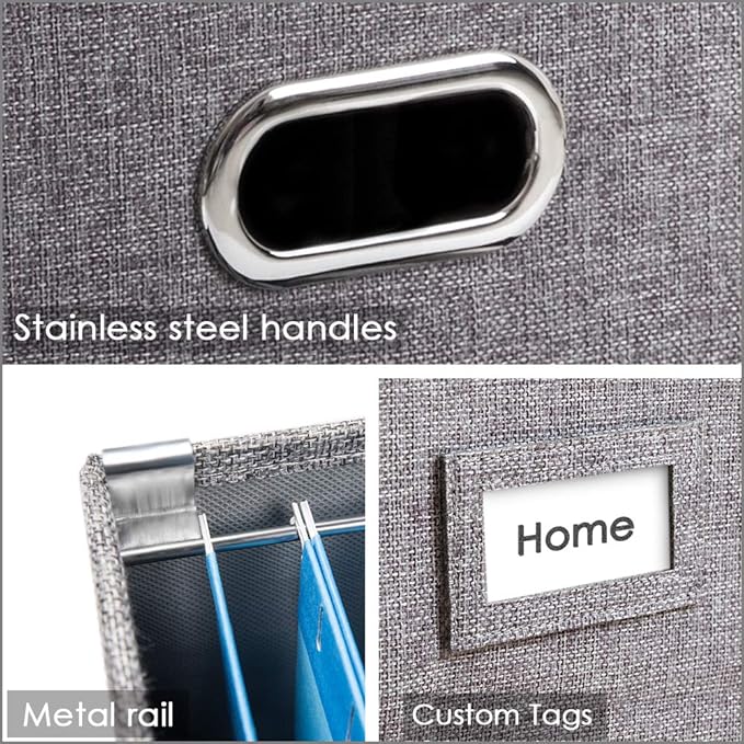 PRANDOM File Organizer Box - Set of 4 Collapsible Decorative Linen Filing Storage Hanging File Folders with Lids Office Cabinet Letter Size Grey (14x9.3x10.8 inch)