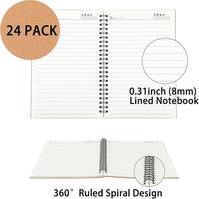 24 Pack A5 Spiral Notebooks Journal with Kraft Cover, 5x8 Inches, Ruled Lined Paper, for Work, Sketches, Study, Notes Taking, Gifts, Brown (24 PCS(Lined))