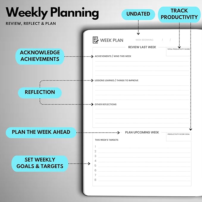Undated Daily Planner – 6-Month A5 Productivity Organizer with Full Page Per Day, Hourly Schedule, Goal Setting, Habit Tracker, Weekly & Monthly Pages – Hardcover Time Management Notebook (Turquoise)