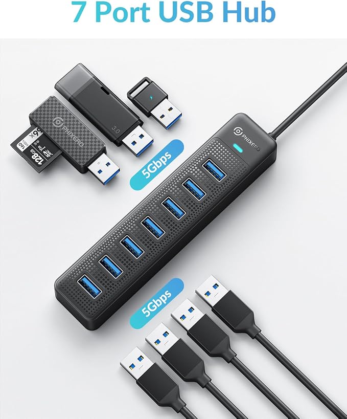 PHIXERO 7 Port USB Hub 3.2 with 1.6FT/50CM Long Cable, Multiport Adapter and Splitter for PC, Compatible with All USB 3.2/2.0/1.1 Devices