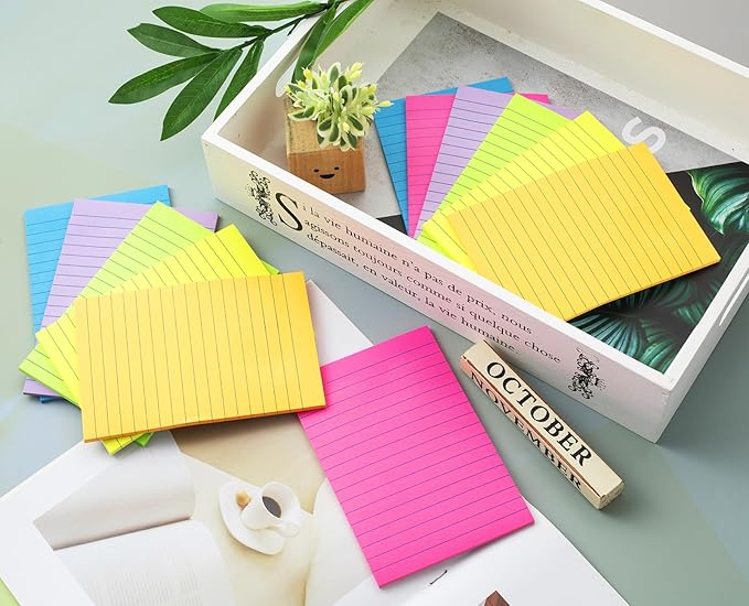(12 Pack) Lined Sticky Notes 4x6 in Ruled Stickies Super Sticking Power Memo Pads Bright Colors