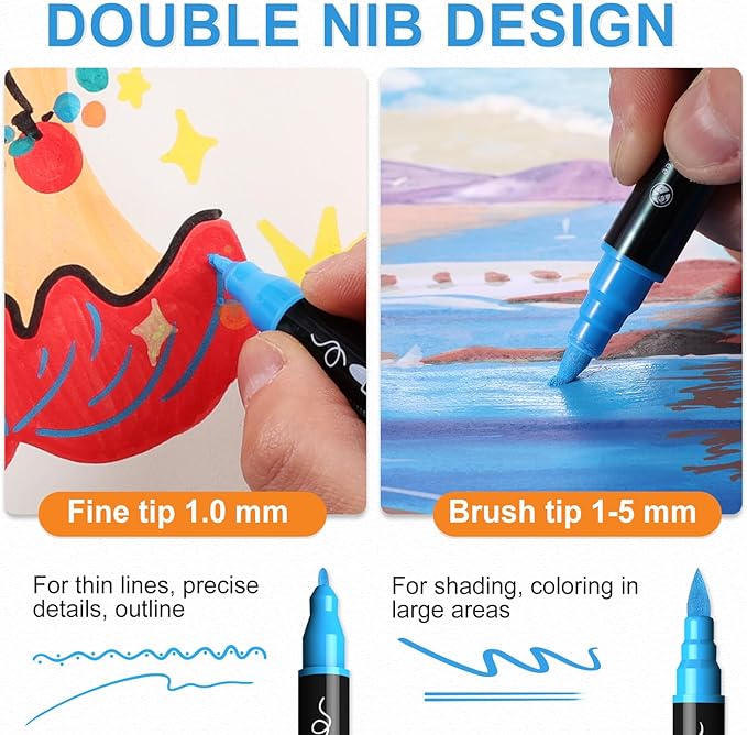 30 Colors Acrylic Paint Markers, Waterproof Dual Tip Acrylic Paint Pens with Brush and Fine Tip, Markers Set for Paper, Rock, Wood, Canvas, Glass, Ceramic and DIY Crafts Making Art Supplies