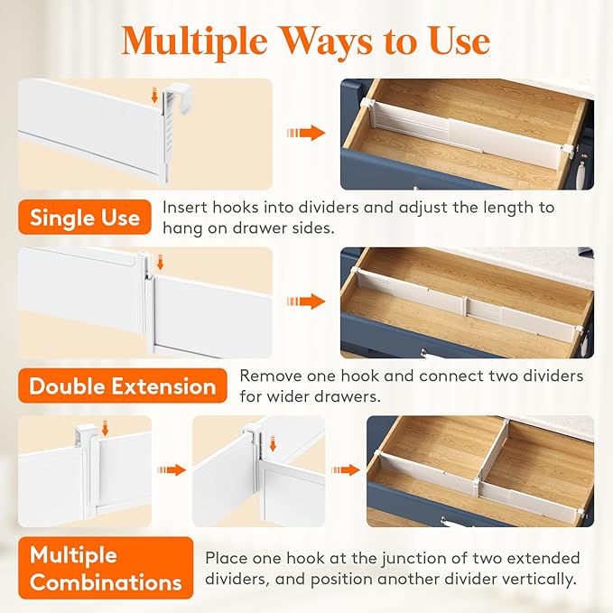 Lifewit Hanging Kitchen Drawer Dividers 3.1" High, 10-17" Adjustable Drawer Organizers for Utensils, Expandable Dresser Separators in Kitchen/Bedroom/Bathroom/Vanity/Office, White(6 Pack)